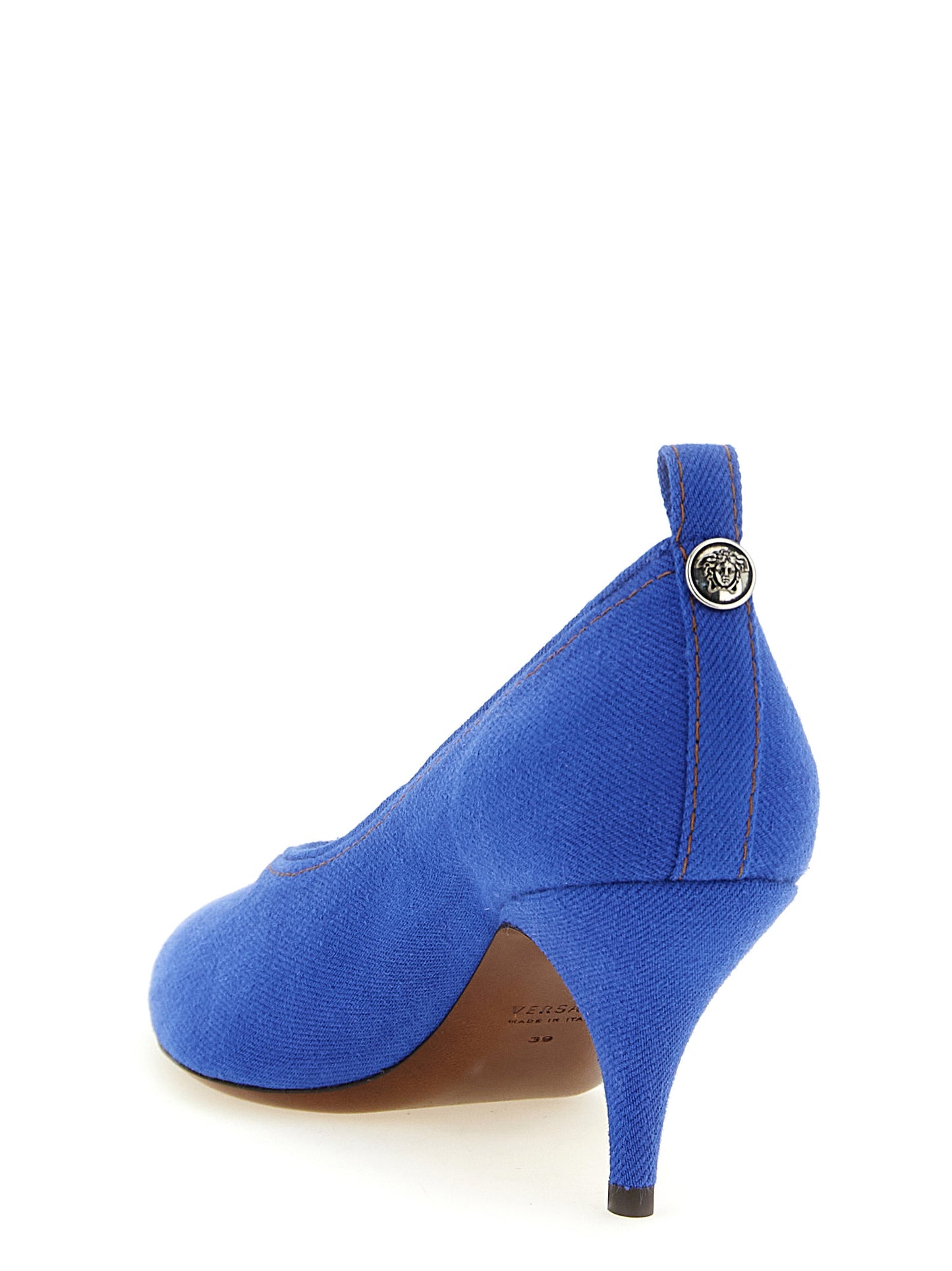 Versace Blue Cotton Denim Mid Heel Pumps with Medusa Detail