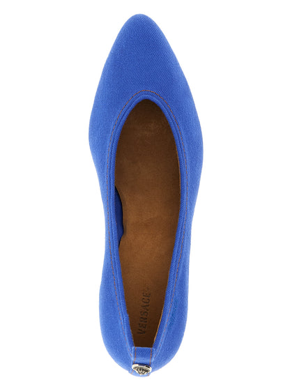 Versace Blue Cotton Denim Mid Heel Pumps with Medusa Detail