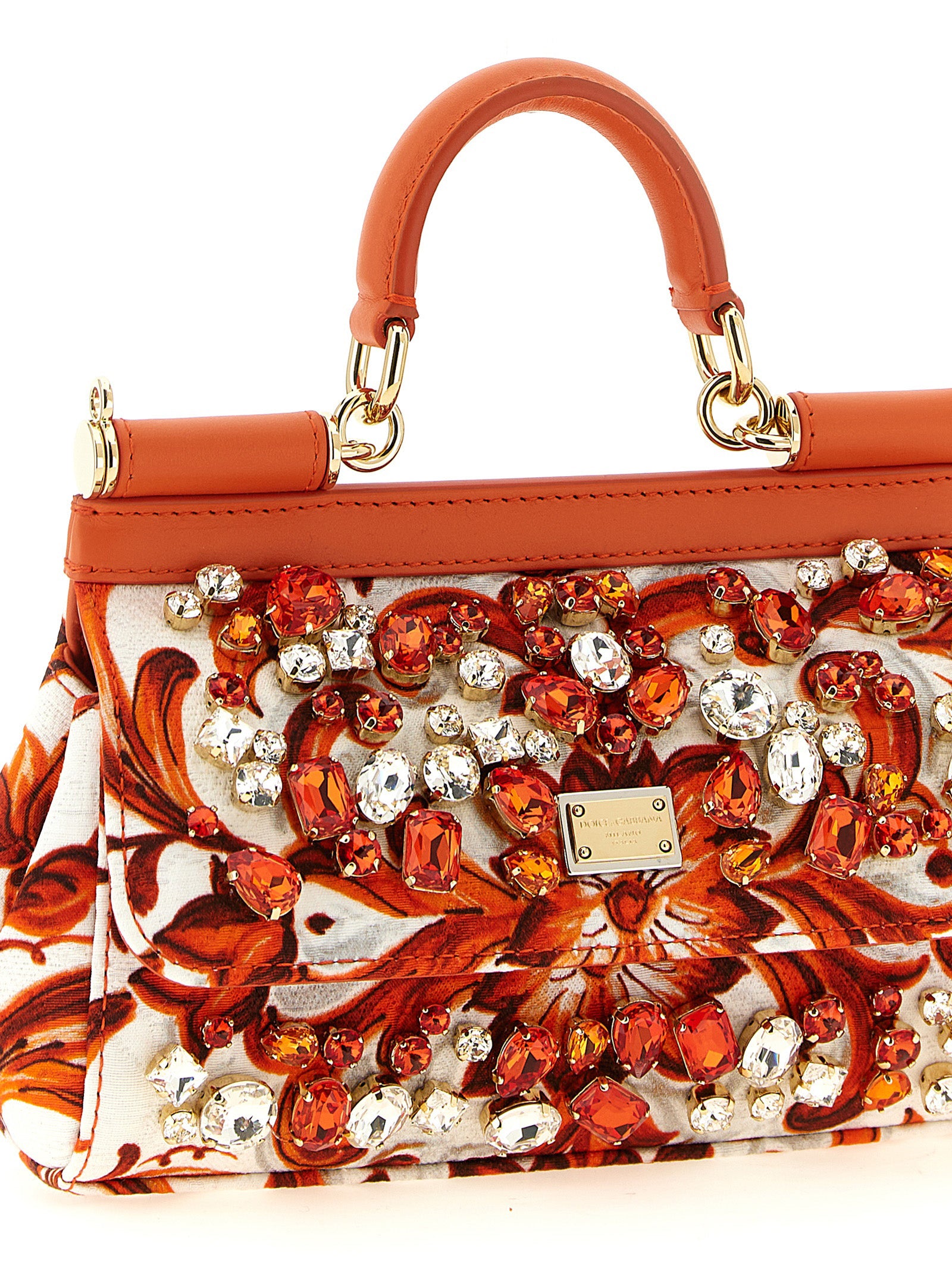 Dolce & Gabbana Sicily Mini Handbag in Orange Cotton with Maiolica Print