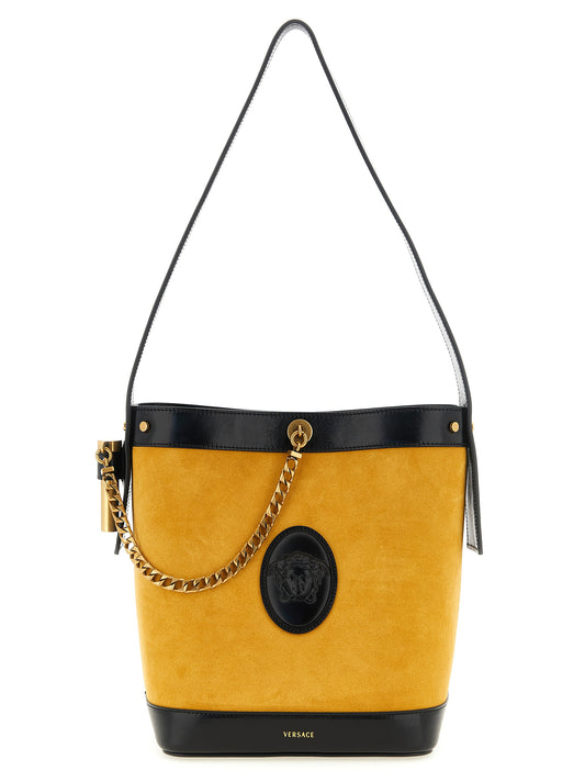 Versace Small ‘Pivot’ Bicolor Calfskin Shoulder Bag - Yellow