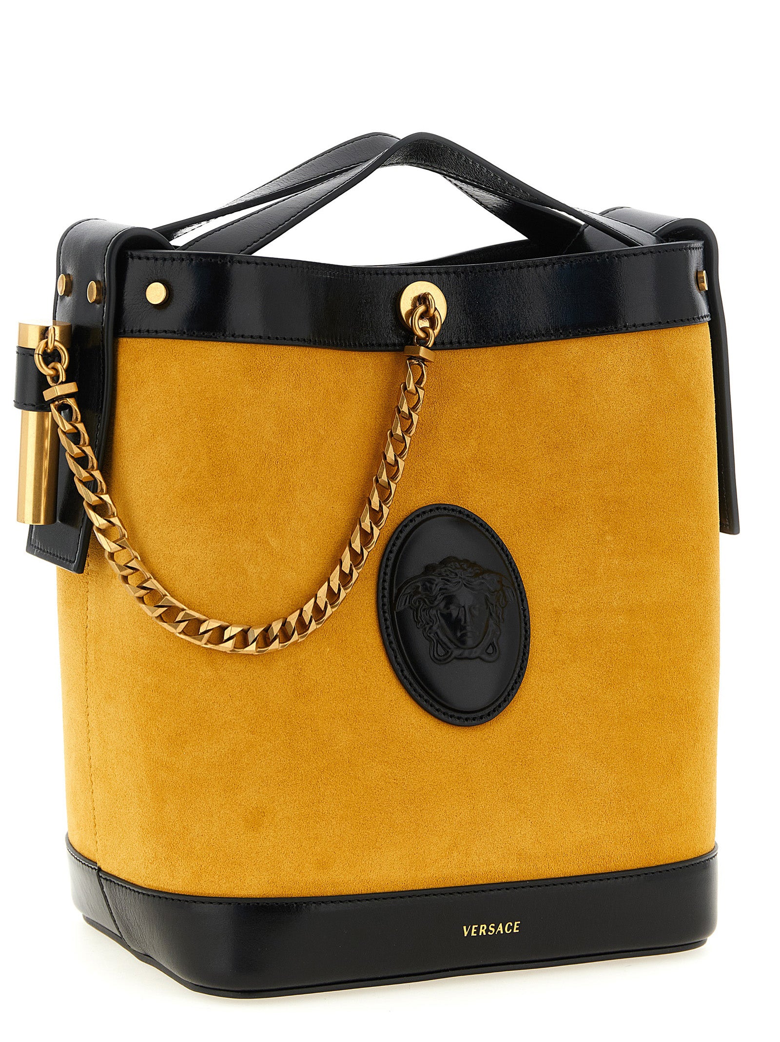 Versace Small ‘Pivot’ Bicolor Calfskin Shoulder Bag - Yellow
