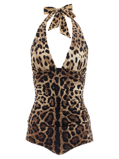 Dolce & Gabbana Brown Leopard Halter Neck One-Piece Swimsuit