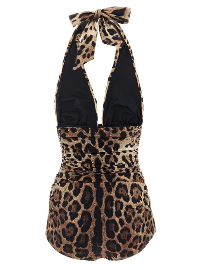 Dolce & Gabbana Brown Leopard Halter Neck One-Piece Swimsuit