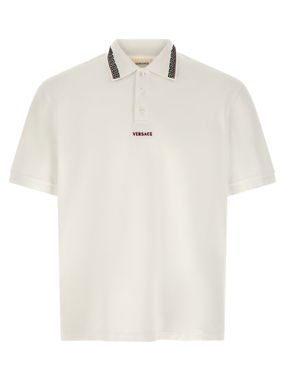 Versace White Cotton Piqué Polo Shirt with Greca Embroidery