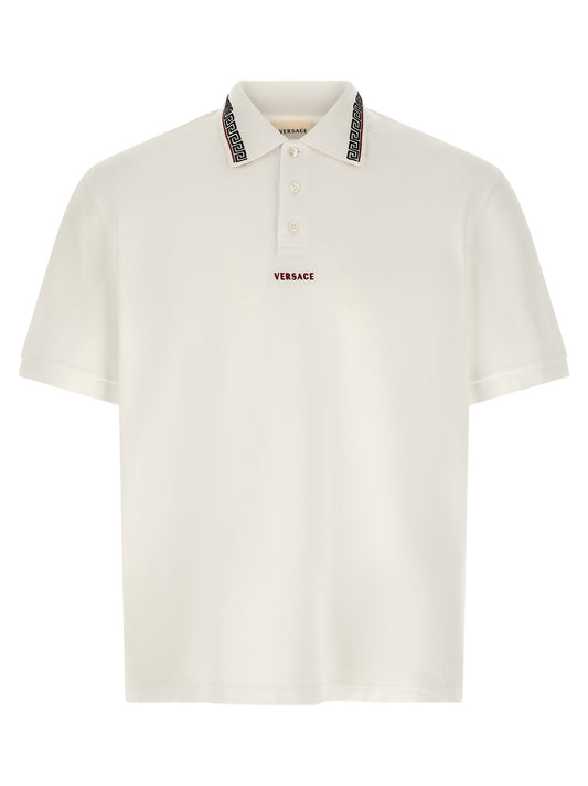 Versace White Cotton Piqué Polo Shirt with Greca Embroidery