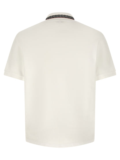 Versace White Cotton Piqué Polo Shirt with Greca Embroidery