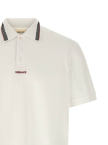 Versace White Cotton Piqué Polo Shirt with Greca Embroidery