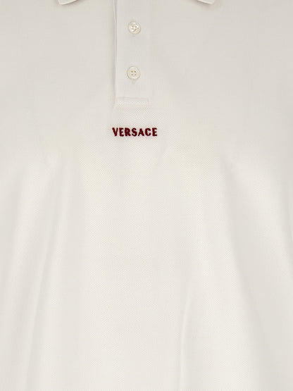 Versace White Cotton Piqué Polo Shirt with Greca Embroidery