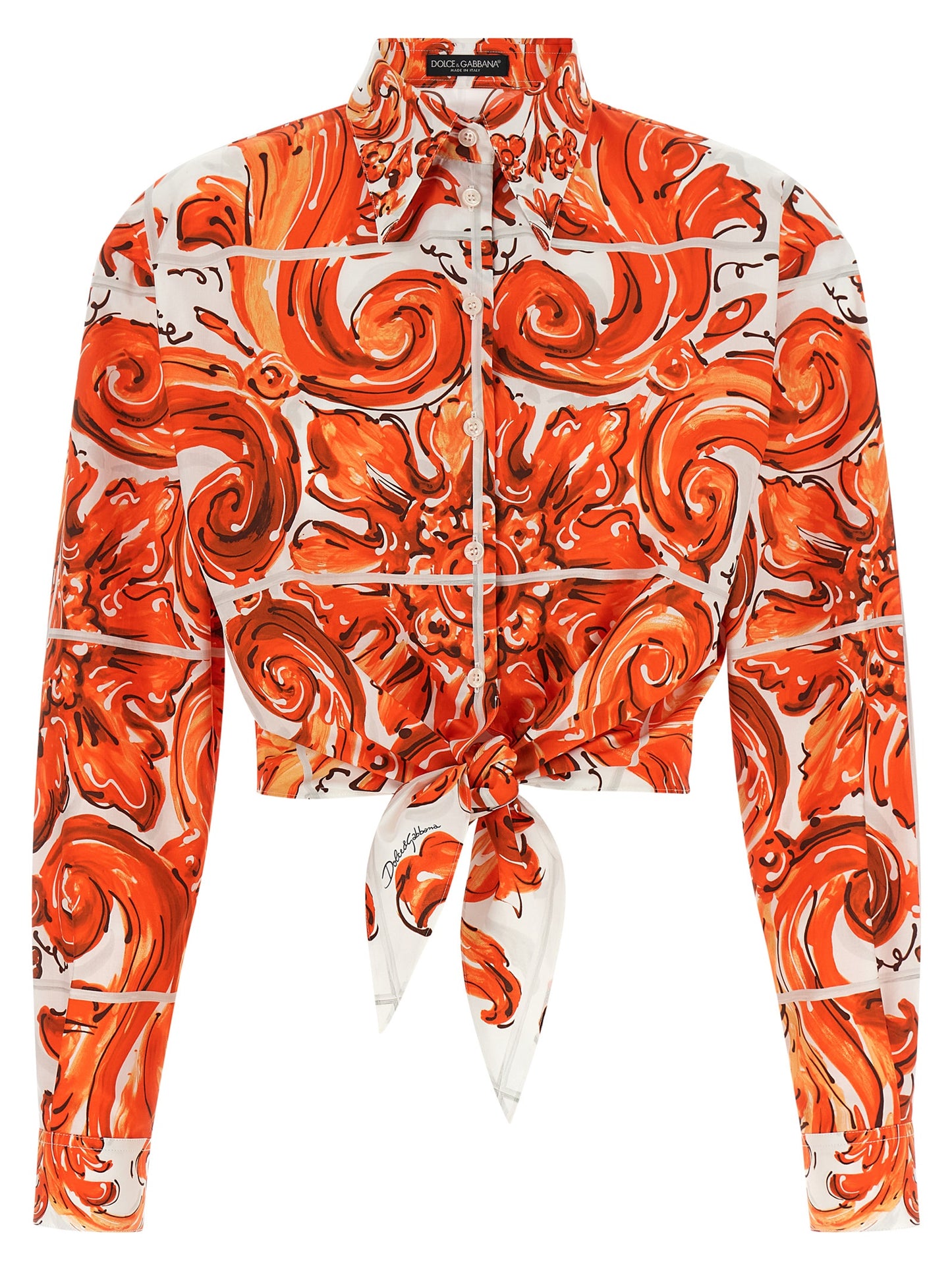 Dolce & Gabbana Orange Majolica-Print Poplin Tie-Front Shirt