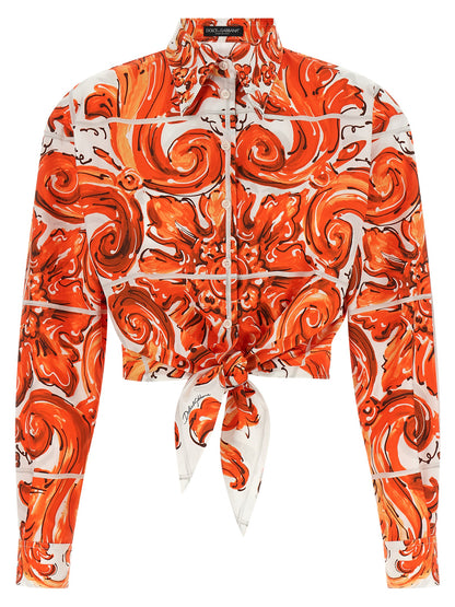 Dolce & Gabbana Orange Majolica-Print Poplin Tie-Front Shirt