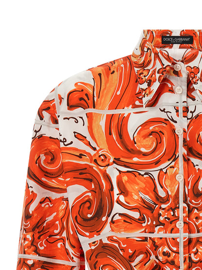 Dolce & Gabbana Orange Majolica-Print Poplin Tie-Front Shirt