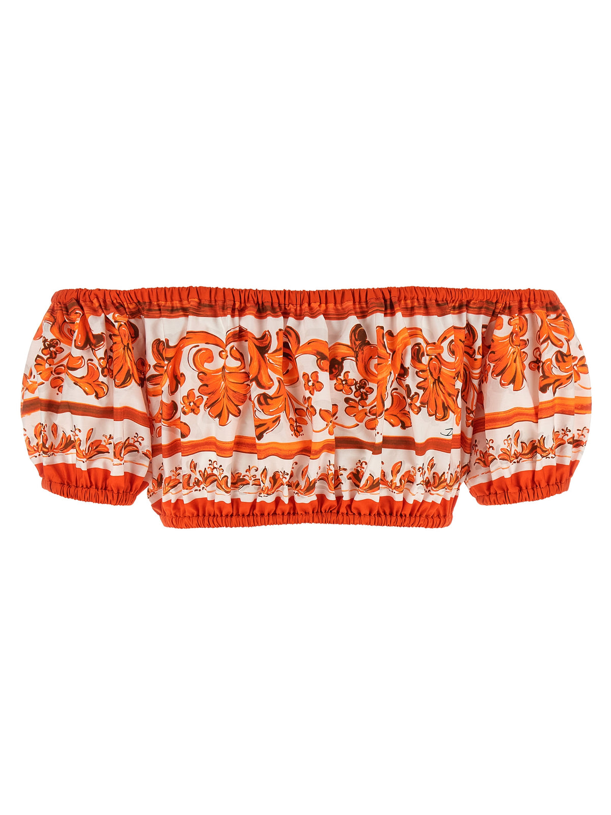 Dolce & Gabbana Orange Off-the-Shoulder Bandeau Crop Majolica Print Top