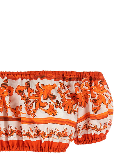 Dolce & Gabbana Orange Off-the-Shoulder Bandeau Crop Majolica Print Top
