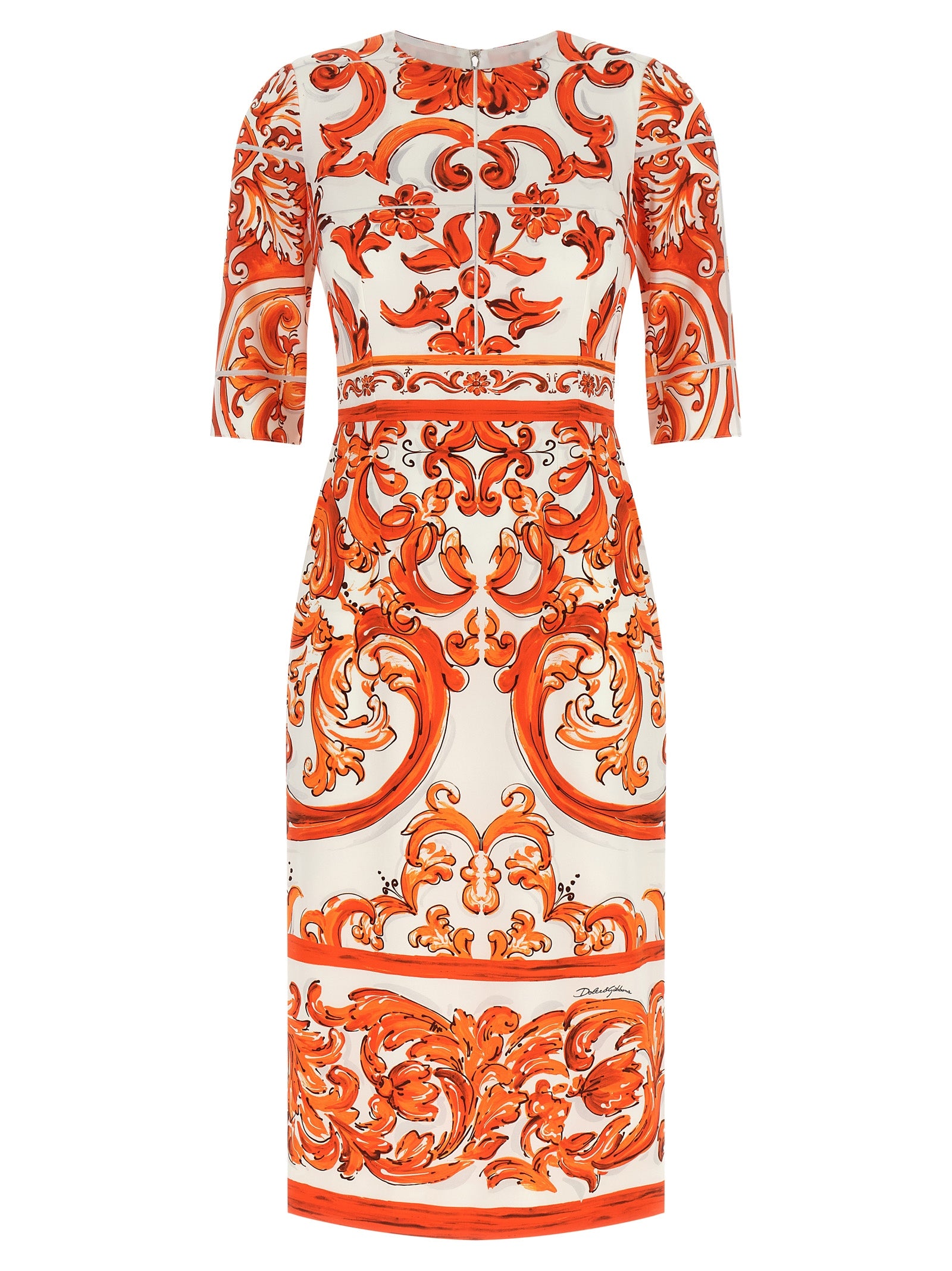 Dolce & Gabbana Orange Silk Midi Majolica Print Charmeuse Dress