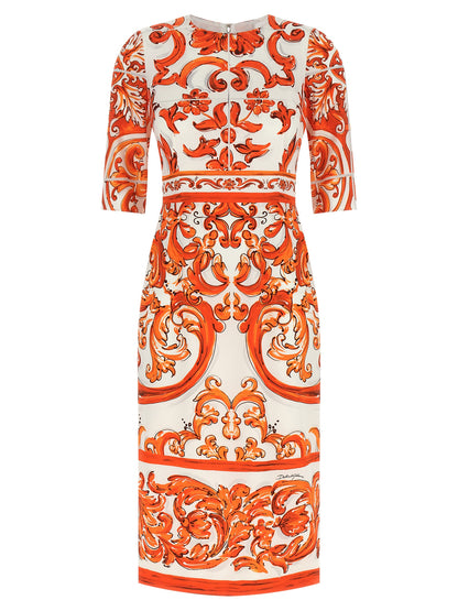 Dolce & Gabbana Orange Silk Midi Majolica Print Charmeuse Dress