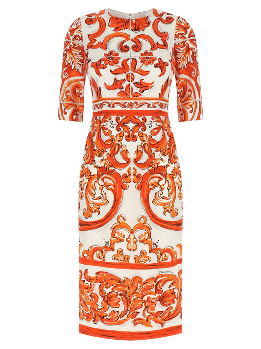 Dolce & Gabbana Orange Silk Midi Majolica Print Charmeuse Dress