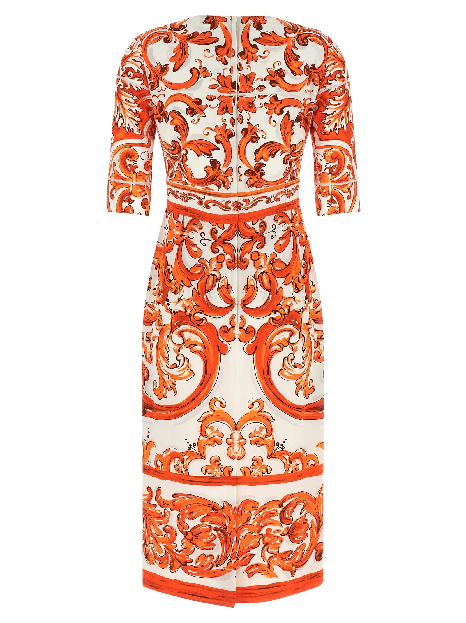 Dolce & Gabbana Orange Silk Midi Majolica Print Charmeuse Dress