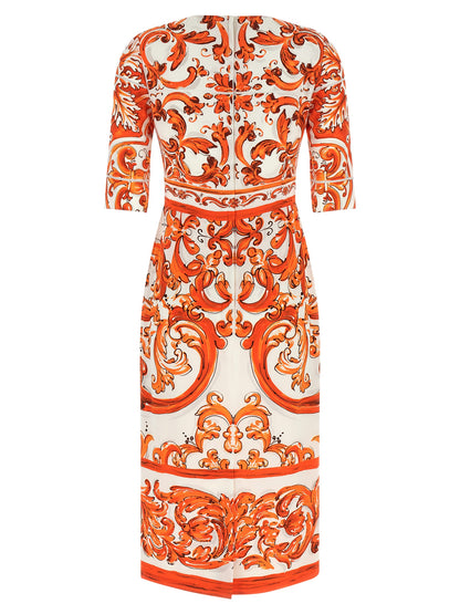 Dolce & Gabbana Orange Silk Midi Majolica Print Charmeuse Dress