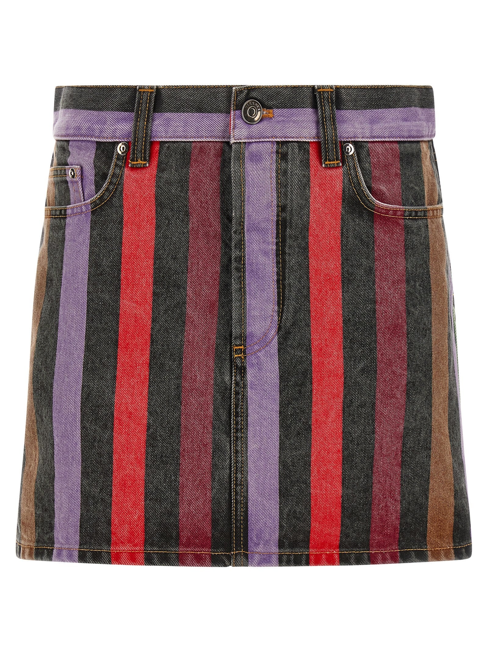 Versace Multicolor Washed Striped Cotton Denim Mini Skirt