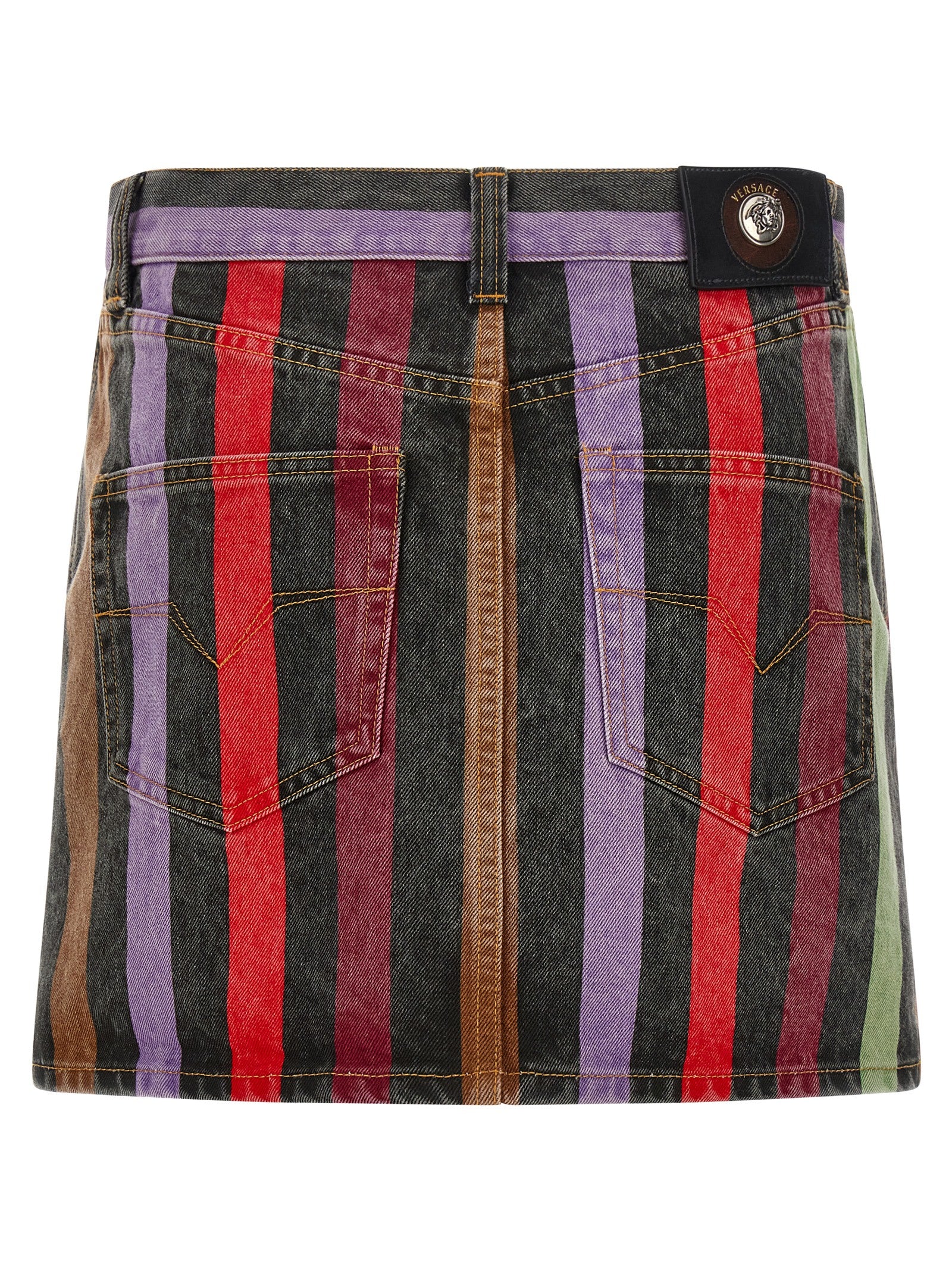 Versace Multicolor Washed Striped Cotton Denim Mini Skirt