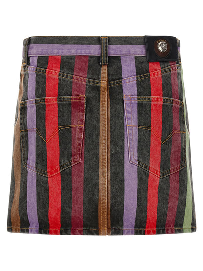 Versace Multicolor Washed Striped Cotton Denim Mini Skirt