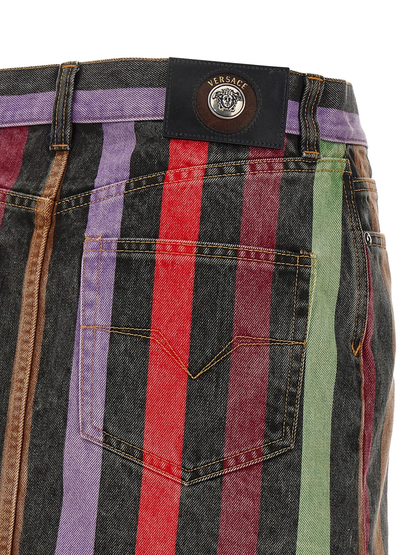 Versace Multicolor Washed Striped Cotton Denim Mini Skirt