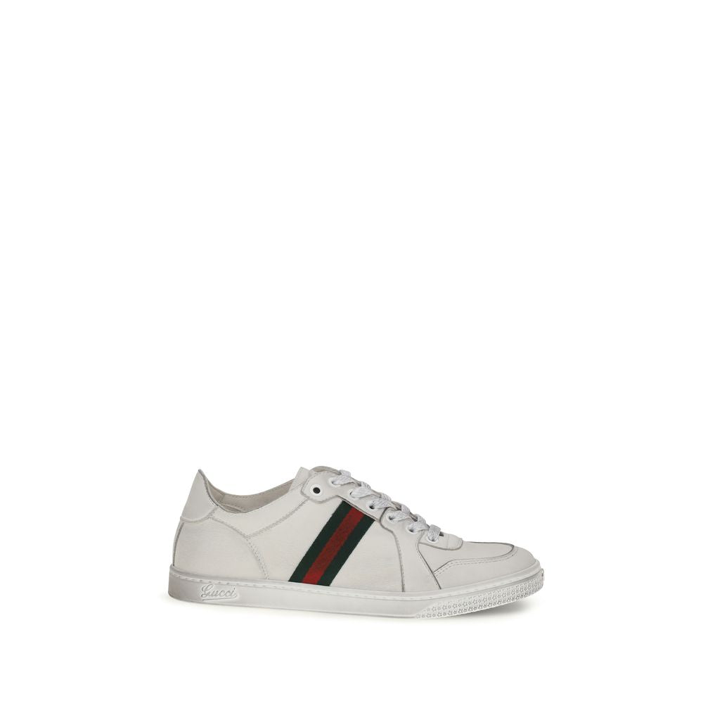 Gucci White Calf Leather Stretch Sneakers with Web Detail for Women