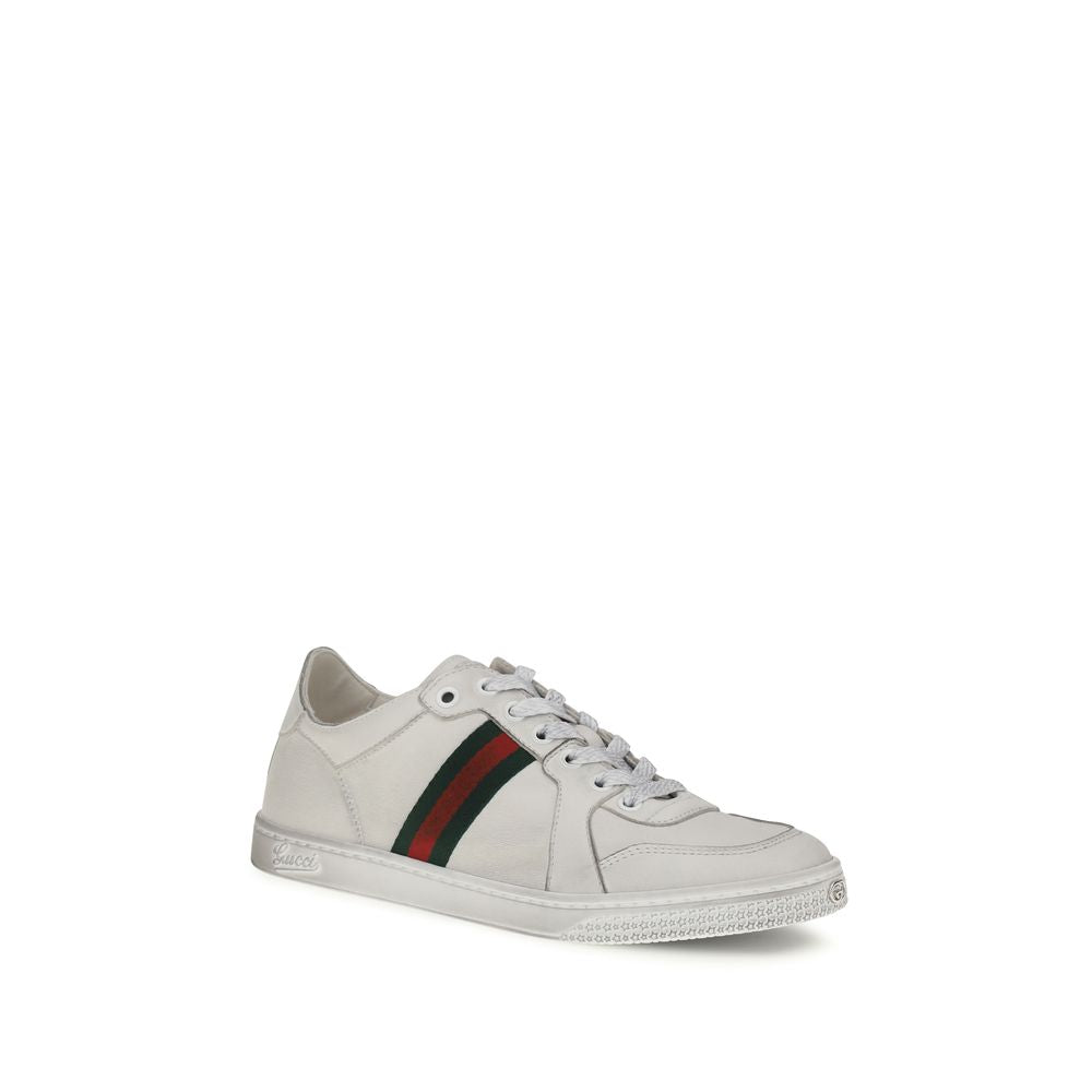 Gucci White Calf Leather Stretch Sneakers with Web Detail for Women