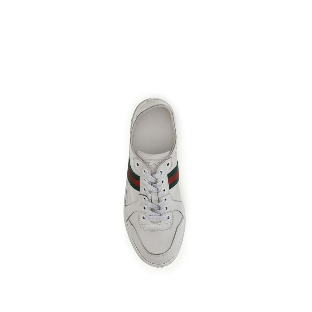 Gucci White Calf Leather Stretch Sneakers with Web Detail for Women