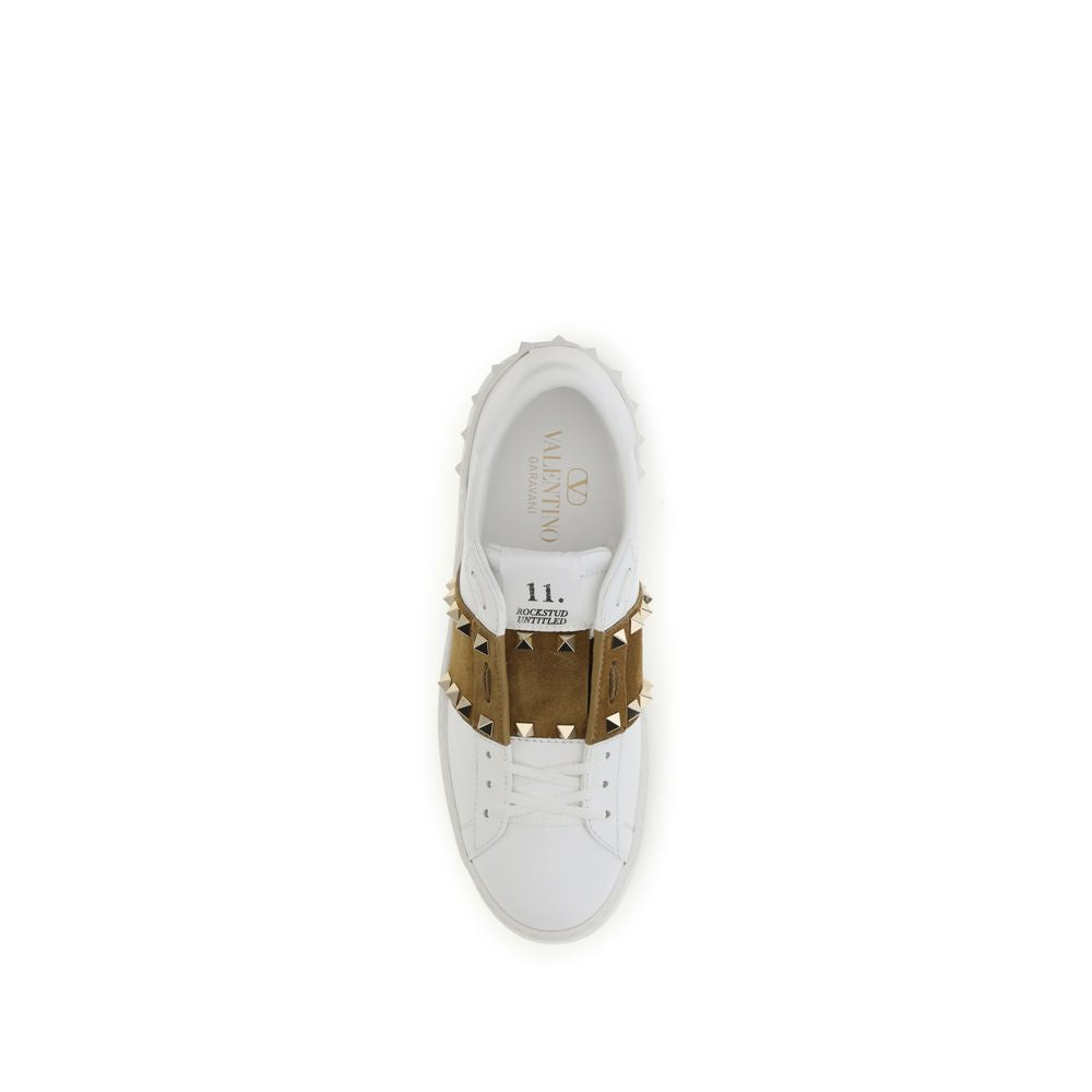 Valentino Garavani White & Havana Beige Rockstud Untitled Sneakers