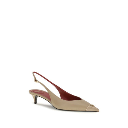 Valentino Garavani Beige Leather VLogo Signature Kitten-Heel Slingback Pumps