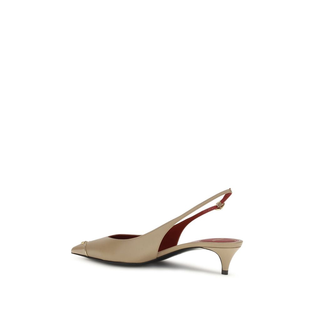 Valentino Garavani Beige Leather VLogo Signature Kitten-Heel Slingback Pumps