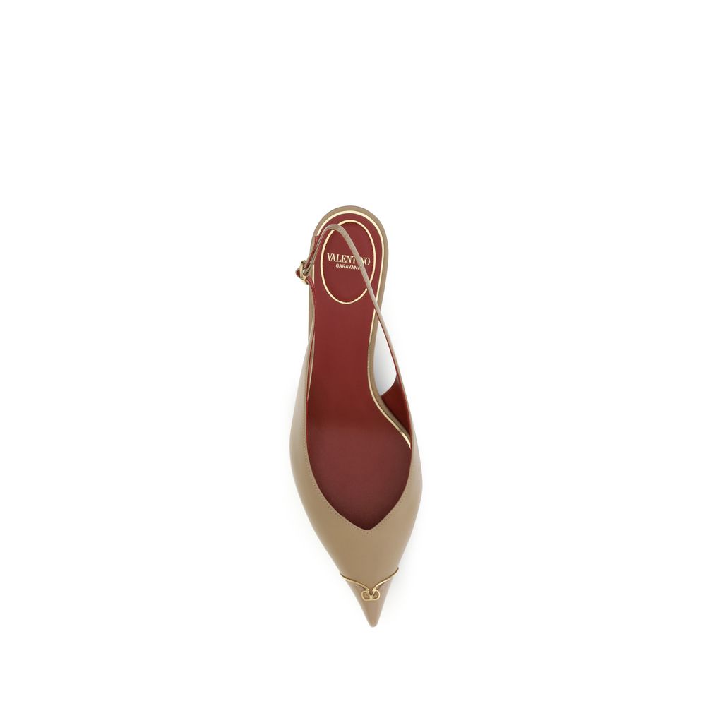 Valentino Garavani Beige Leather VLogo Signature Kitten-Heel Slingback Pumps