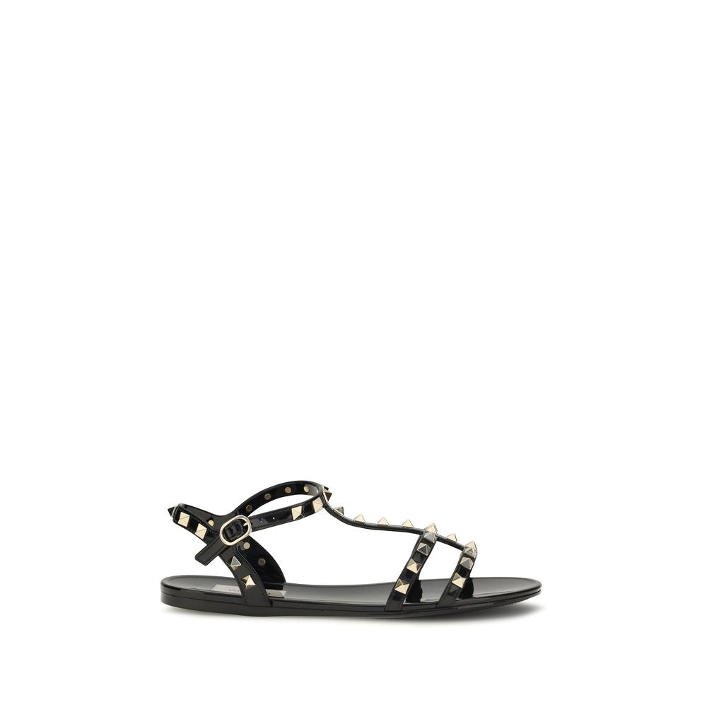Valentino Garavani Black Rubber Flat Rockstud Sandals