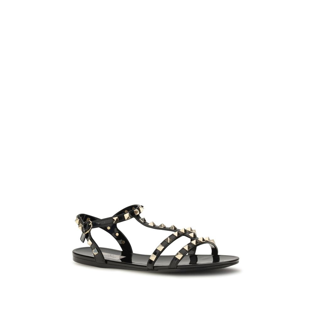 Valentino Garavani Black Rubber Flat Rockstud Sandals