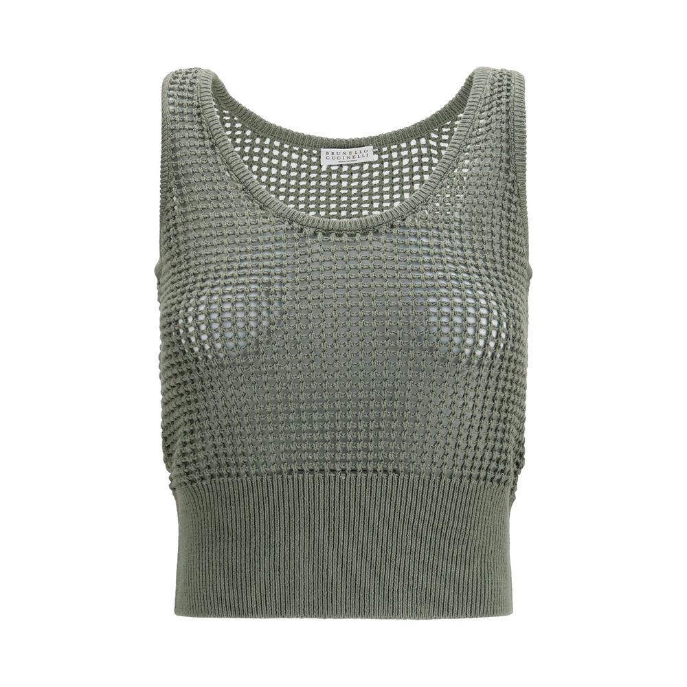 Brunello Cucinelli Green Cotton Perforated Sequin Tank Top