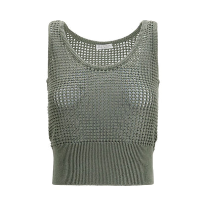Brunello Cucinelli Green Cotton Perforated Sequin Tank Top