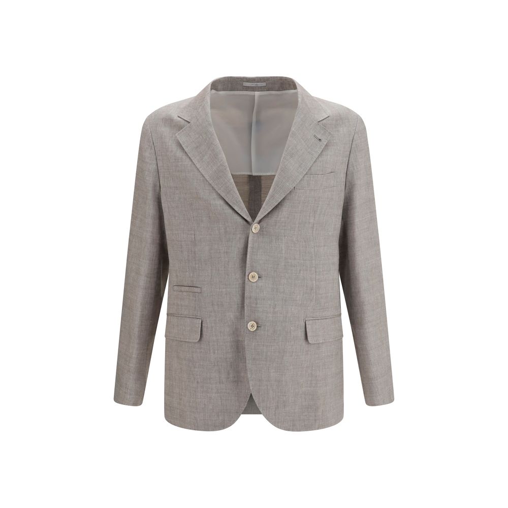 Brunello Cucinelli Beige Linen & Wool Chevron Blazer Jacket
