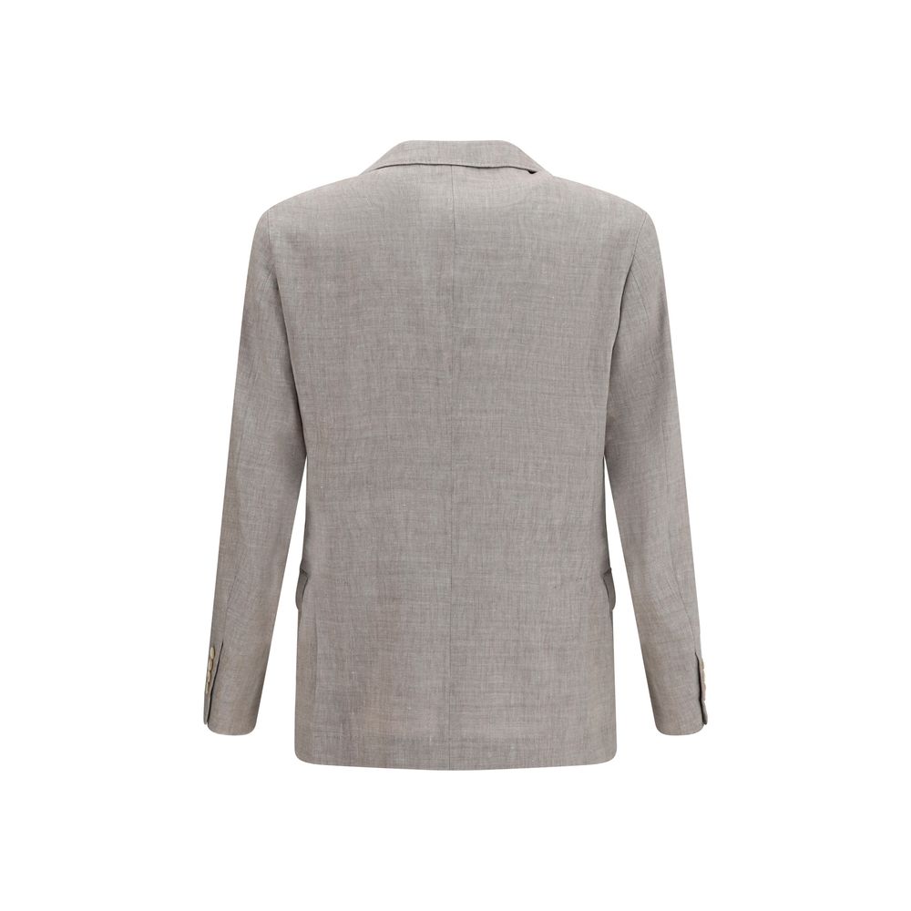 Brunello Cucinelli Beige Linen & Wool Chevron Blazer Jacket