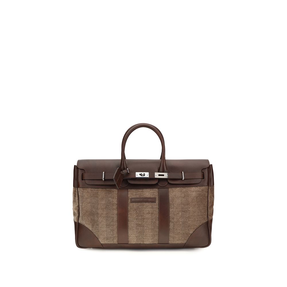 Brunello Cucinelli Brown Burnished Calfskin Leather and Chevron Country Travel Bag