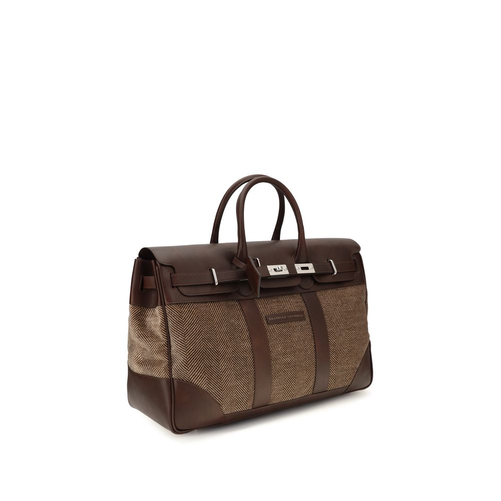 Brunello Cucinelli Brown Burnished Calfskin Leather and Chevron Country Travel Bag