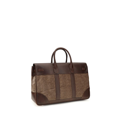 Brunello Cucinelli Brown Burnished Calfskin Leather and Chevron Country Travel Bag