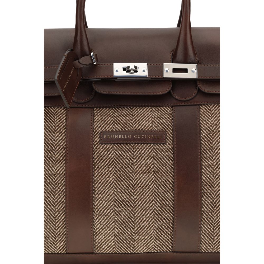 Brunello Cucinelli Brown Burnished Calfskin Leather and Chevron Country Travel Bag