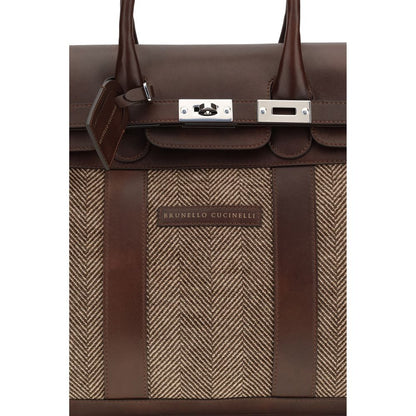 Brunello Cucinelli Brown Burnished Calfskin Leather and Chevron Country Travel Bag