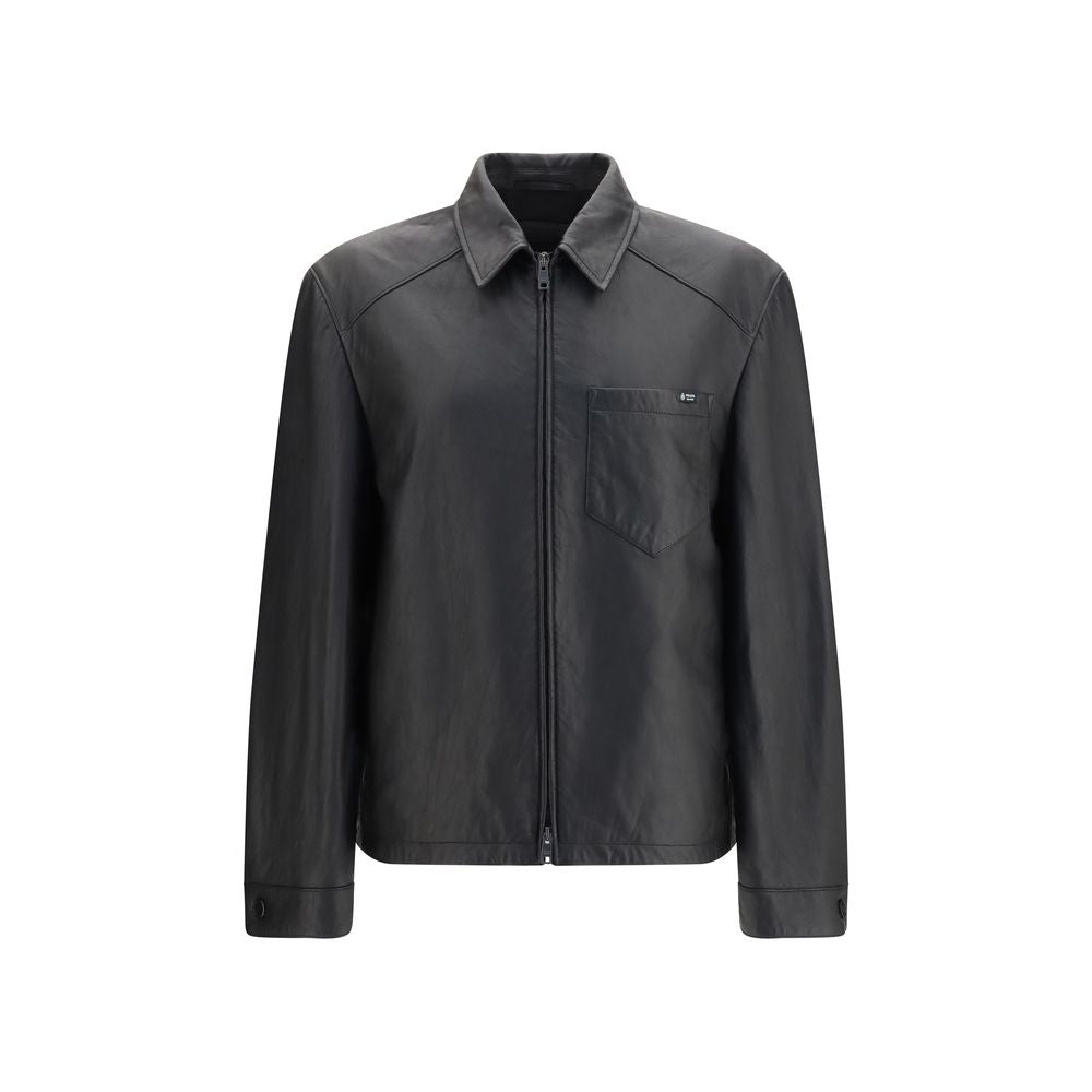 Prada Black Nappa Leather Jacket with Shirt-Style Collar