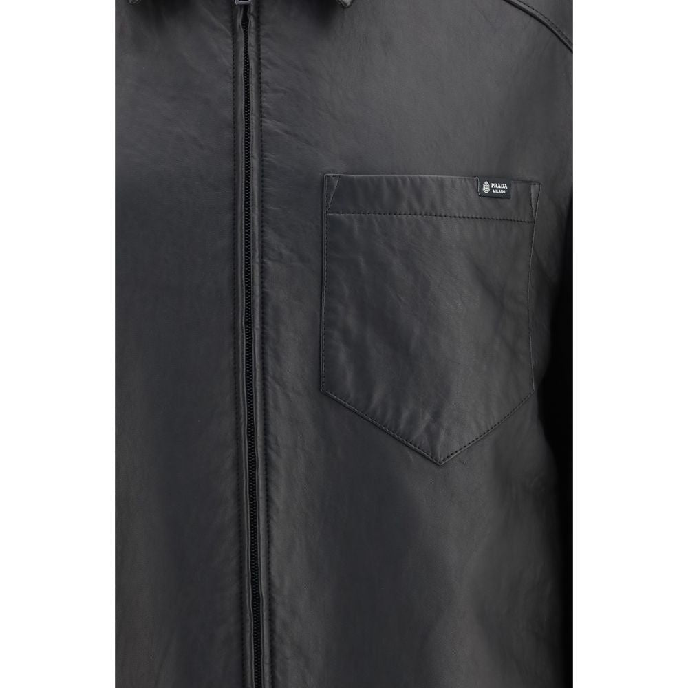 Prada Black Nappa Leather Jacket with Shirt-Style Collar