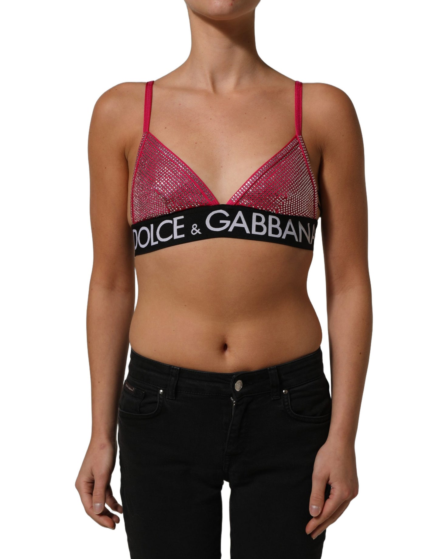 Dolce & Gabbana Pink Crystal Embellished Triangle Bralette Logo Crop Top