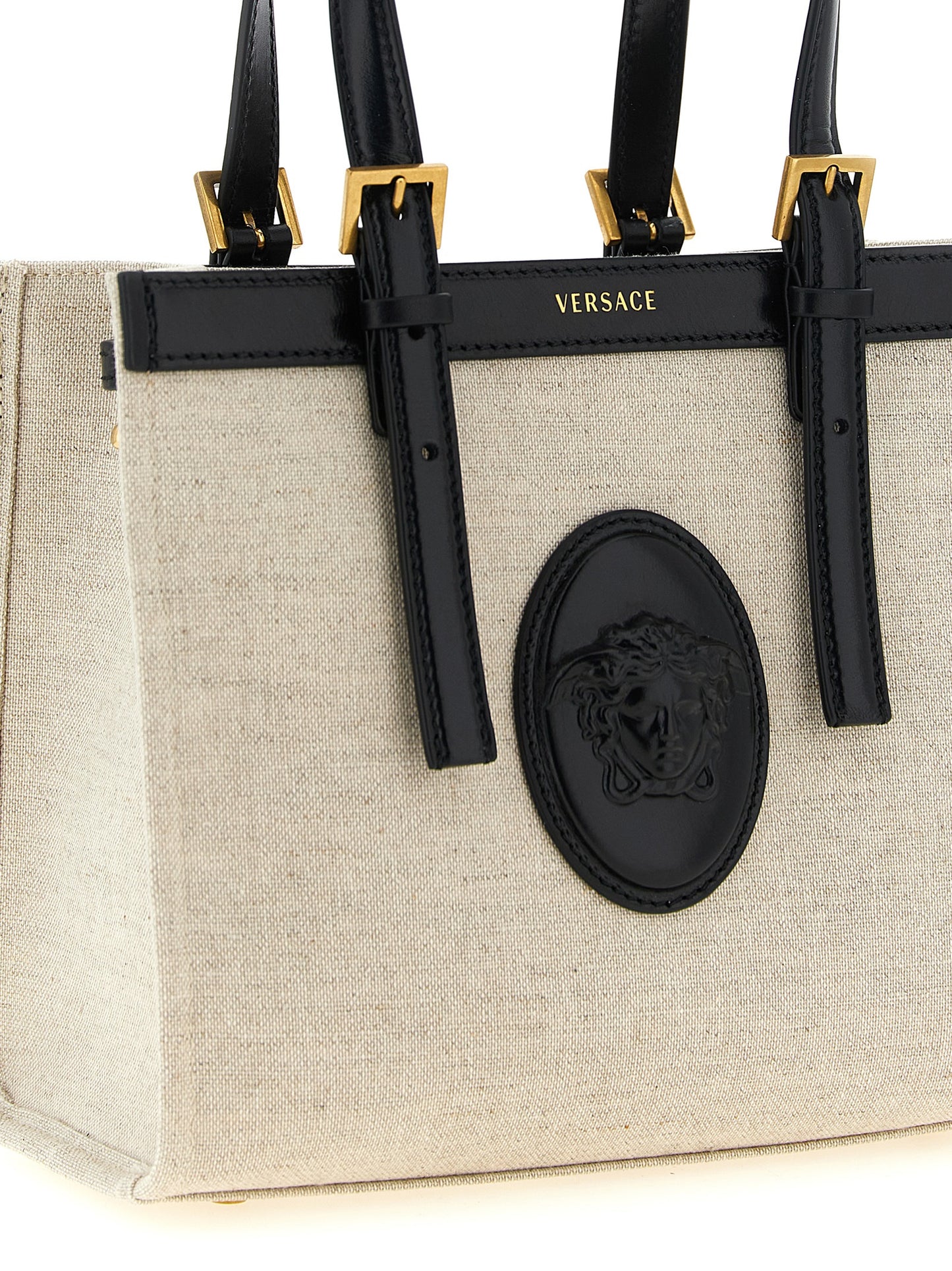 Versace Beige Linen and Cotton Canvas Rivière Mini Shopping Bag