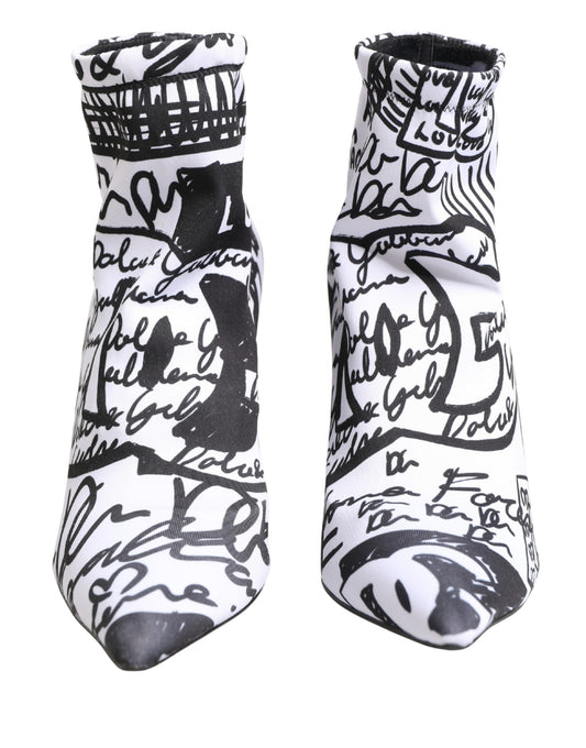 Dolce & Gabbana White Graffiti Stretch Ankle Boots Shoes