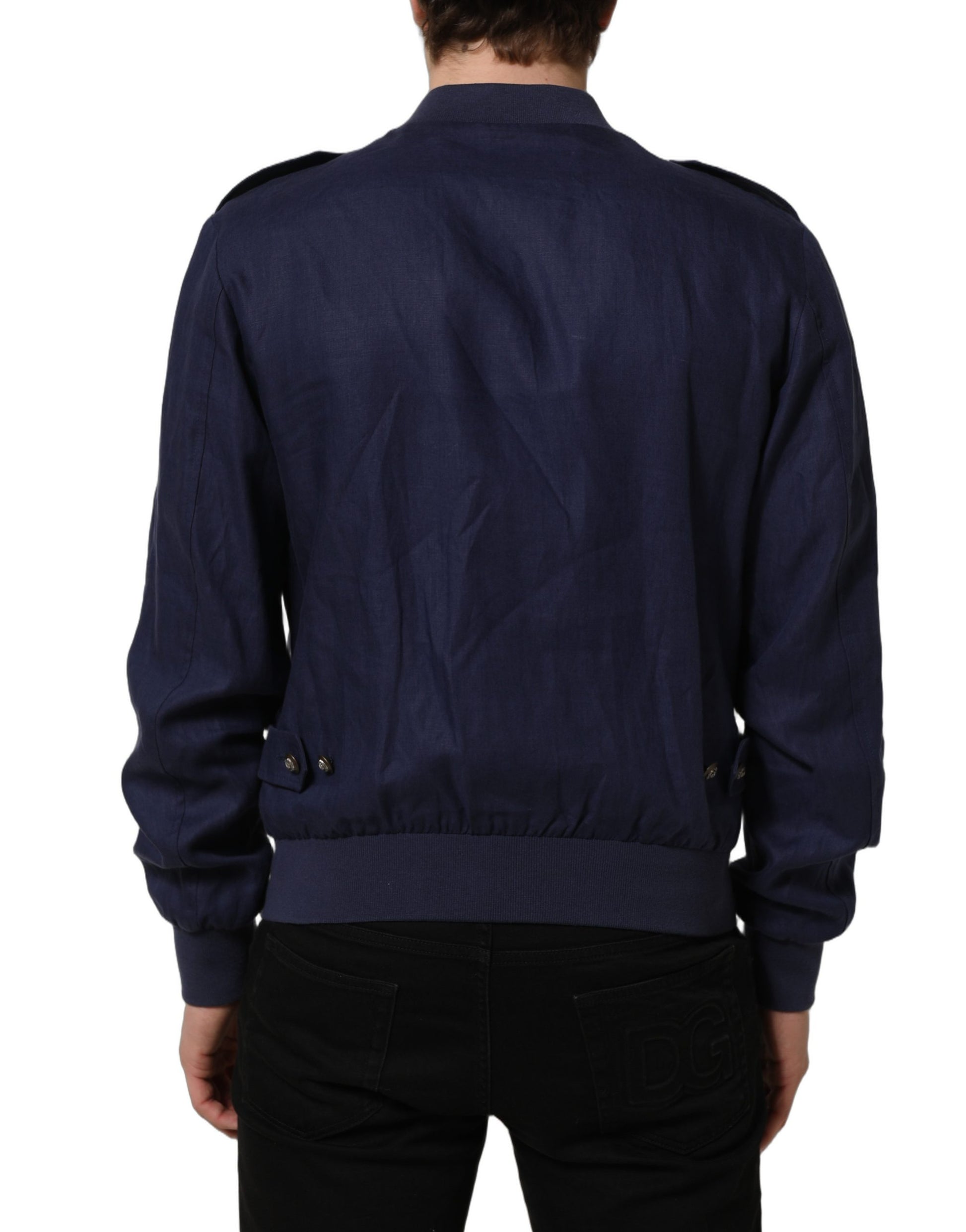 Dolce & Gabbana Blue Linen Full Zip Men Bomber Jacket